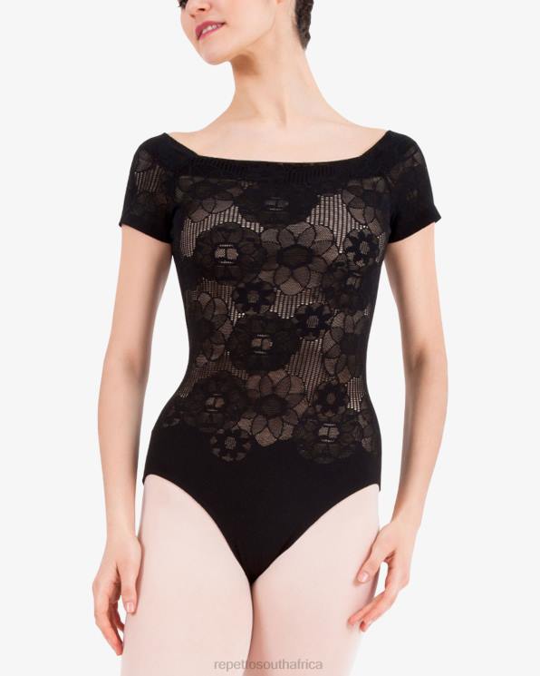 Clothing Repetto Short Sleeves Lace Leotard Black Women 2T48482